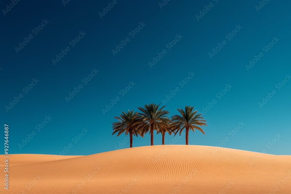 Four palm trees stand tall against a bright blue sky and golden sand dunes in a desert landscape. Four palm trees stand tall against a bright blue sky and golden sand dunes in a desert landscape.