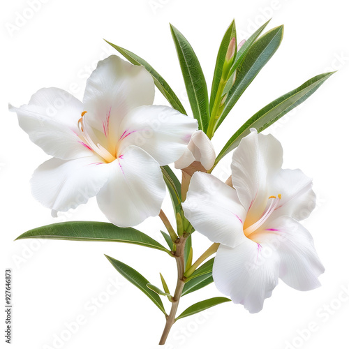 Beautiful Oleander Flowers with Green Leaves on Branch.