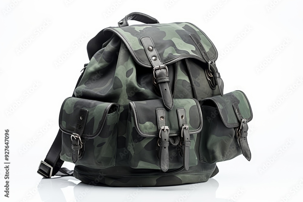 Camouflage military backpack with metal clasps and pockets on white studio background Camouflage military backpack with metal clasps and pockets on white studio background