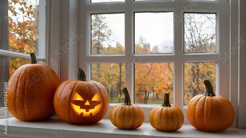 Halloween pumpkins and sweets on white windowsill at home. 