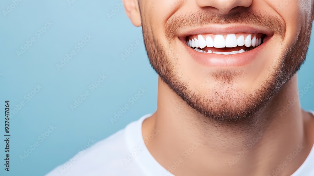 Fototapeta premium Close-up of a young Caucasian man smiling brightly, showcasing his perfect teeth against a soft blue background. A lively and cheerful expression embodies happiness.