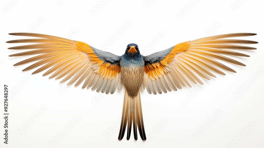 Naklejka premium Art deco bird. A beautifully crafted bird with vibrant orange and blue feathers, wings fully spread, showcasing intricate details and textures against a white background.