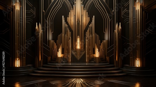 Art deco stage. A luxurious, art deco-inspired interior featuring tall golden structures and ambient lighting. The design includes geometric patterns and a dark backdrop.