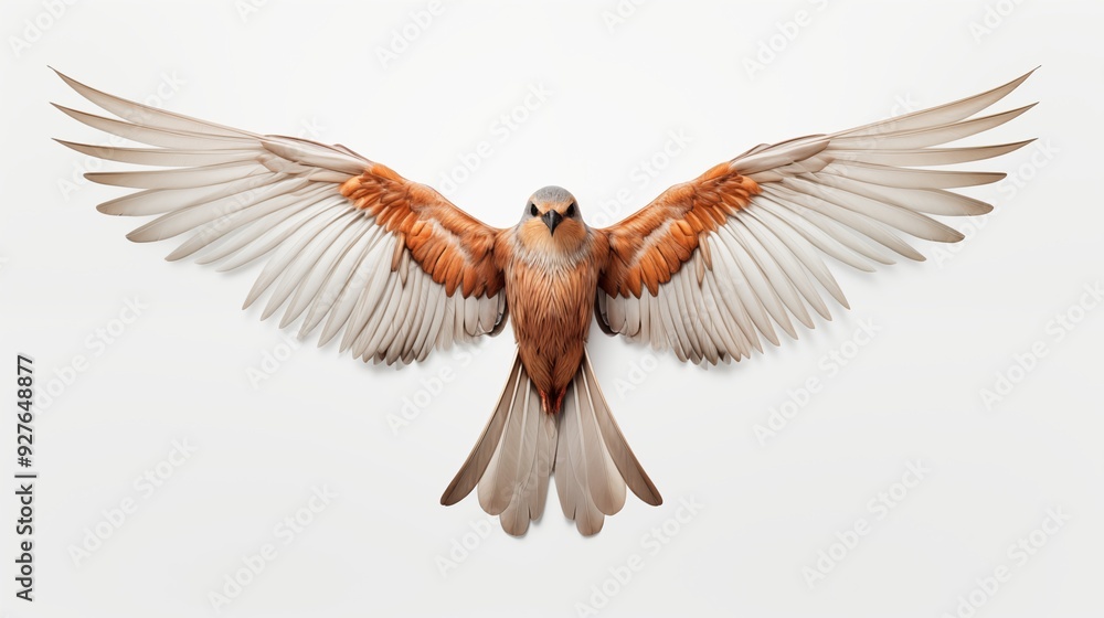 Naklejka premium Art deco bird. A beautifully detailed illustration of a bird with outstretched wings, showcasing intricate feather patterns in shades of brown and cream against a plain white background.