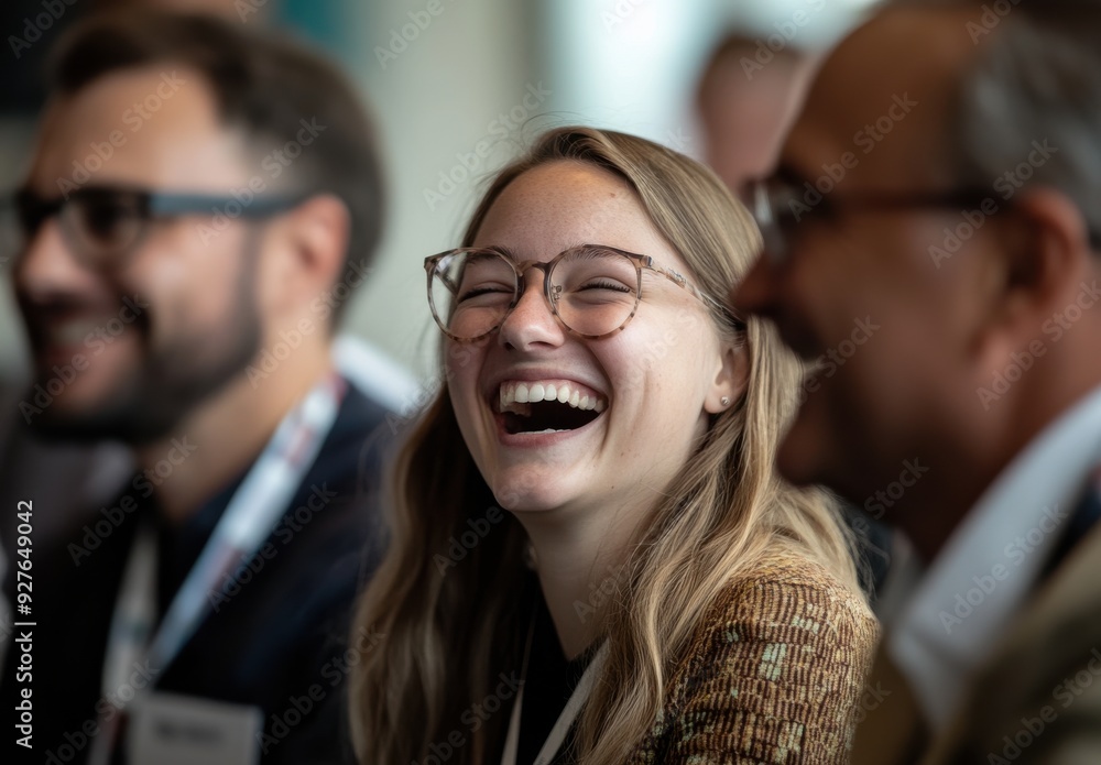 Businesspeople interact and laugh together in a congress setting, with a smiling newcomer joining in amidst the bustling trade show atmosphere. Businesspeople interact and laugh together in a congress setting, with a smiling newcomer joining in amidst the bustling trade show atmosphere.