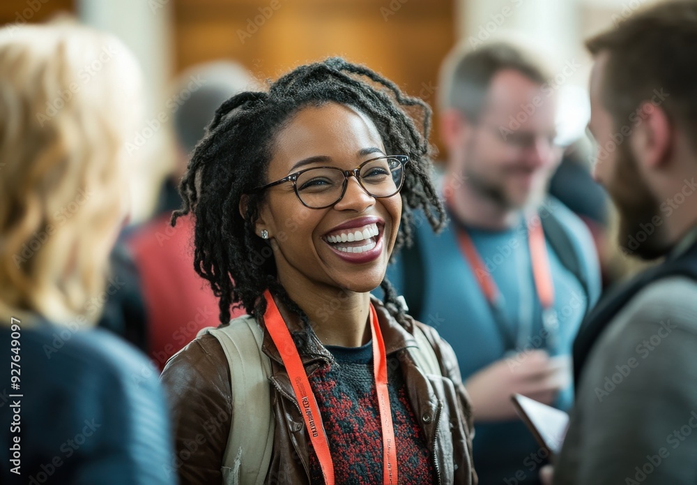 Businesspeople interact and laugh together in a congress setting, with a smiling newcomer joining in amidst the bustling trade show atmosphere. Businesspeople interact and laugh together in a congress setting, with a smiling newcomer joining in amidst the bustling trade show atmosphere.