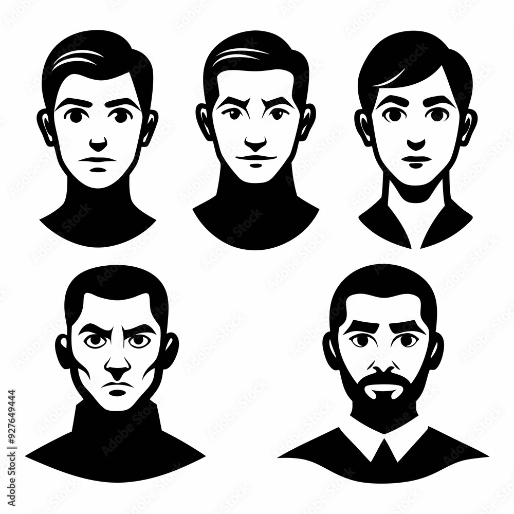 set of human face different pose silhouette white background set of human face different pose silhouette white background