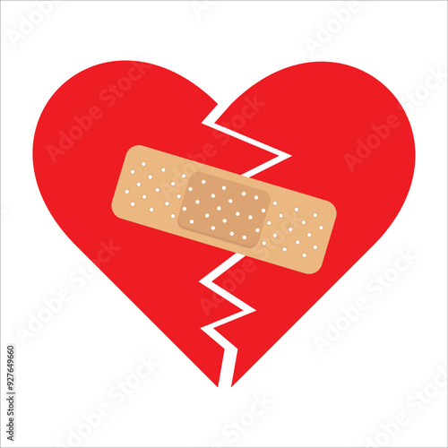 Red Heart broken to two pieces fixed with a plaster patch, vector illustration icon or logo, fixed broken heart concept, breakup or divorce, heartbreak regret, separated couple, tragic love.