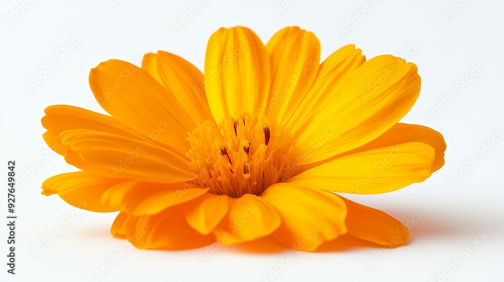 Obraz premium A single, bright orange flower with delicate petals against a white background.