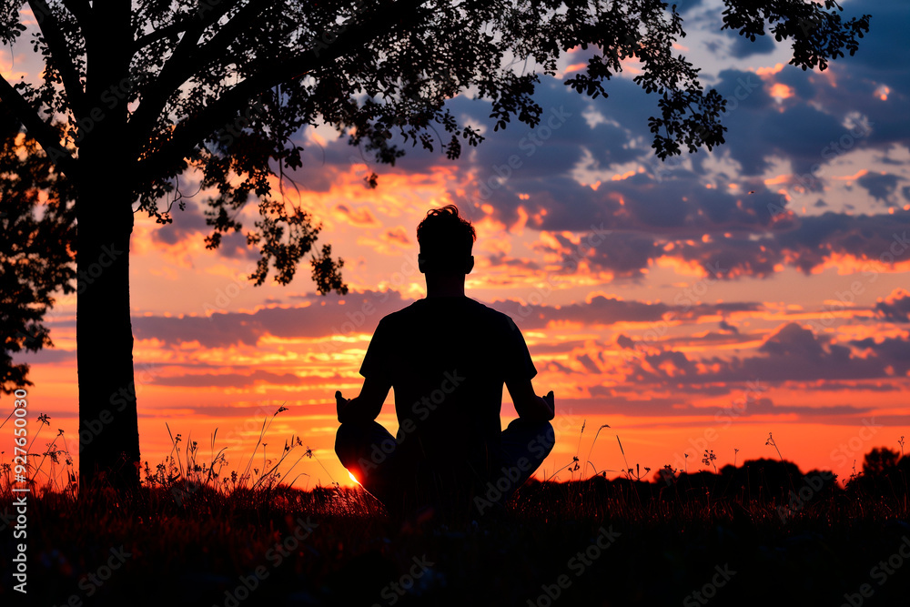 A person meditates under a tree during a serene sunrise filling the scene with tranquility and peace A person meditates under a tree during a serene sunrise filling the scene with tranquility and peace