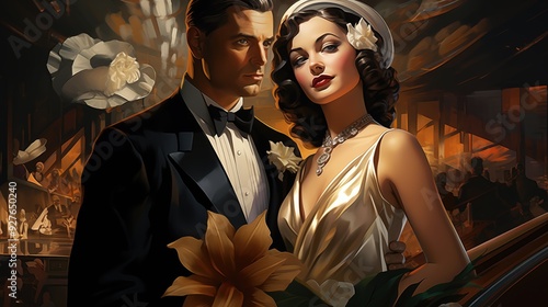 A art deco glamorous couple dressed in 1920s attire, standing close together in a dimly lit, elegant venue. The man wears a tuxedo with a bow tie, while the woman.