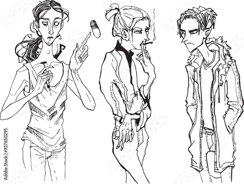 Set linear sketch of characters men addicted to drugs alcohol smoking bad habits People with sociallydisgruntled angry thin man cartoon character clip art illustration line design people silhouette