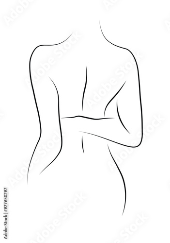 Naked linear figure of a beautiful girl isolated on a white background. Vector illustration of a graceful figure of a girl with wavy hair. Line sketch of a woman posing. Back view of the girl.