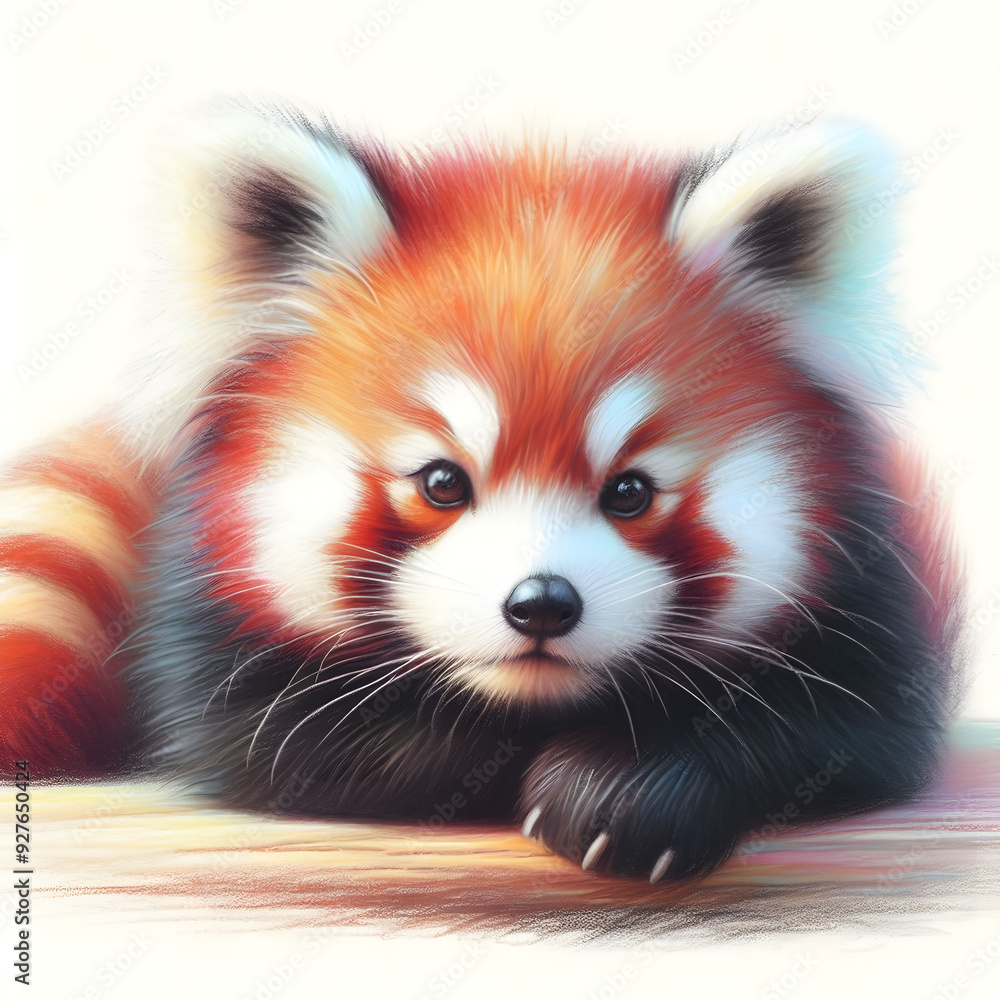 Obraz premium 흰 배경, 래서팬더, 파스텔화 (White background, Red panda, pastel painting)