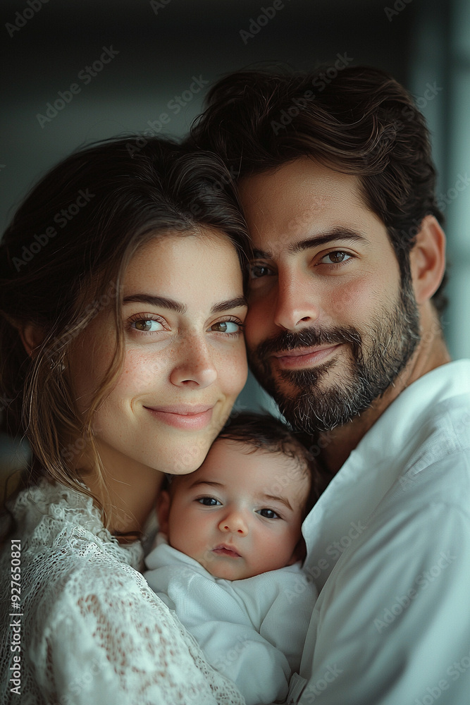 A newborn baby is born in a hospital, and the mother and father are looking at the child with joy. 