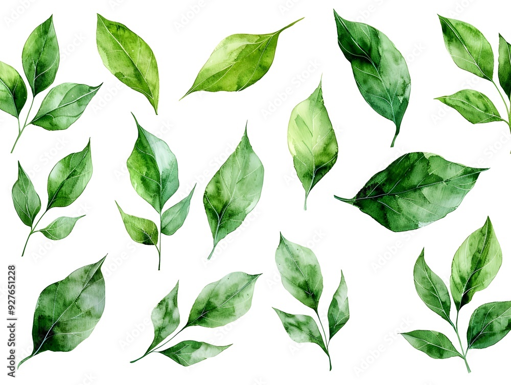Delicate Green Watercolor Leaves Arranged in Flowing Pattern on White Background Delicate Green Watercolor Leaves Arranged in Flowing Pattern on White Background
