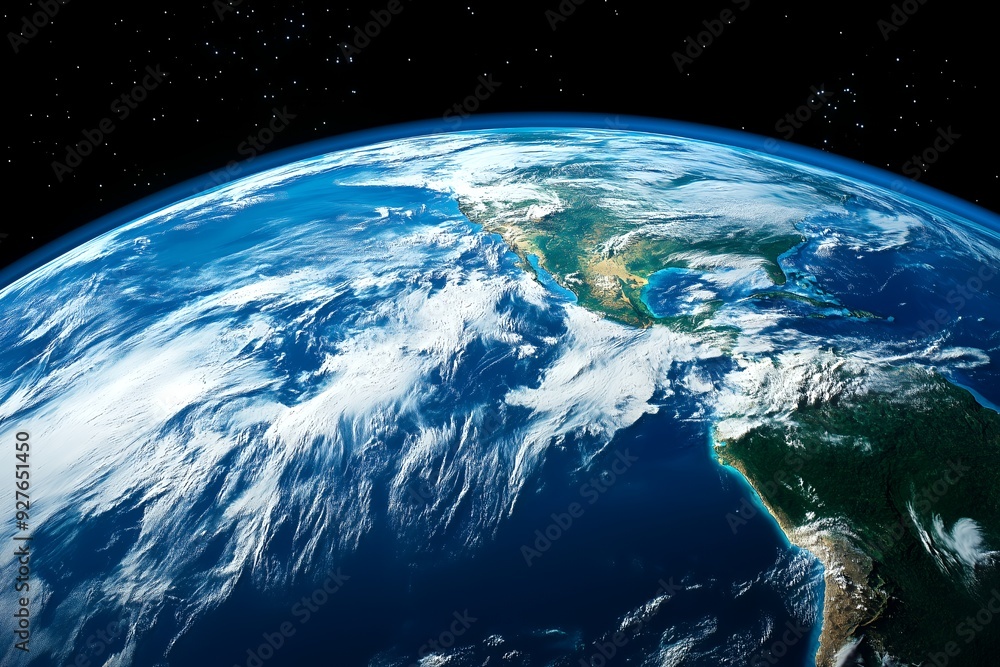 A stunning view of Earth from space, showcasing the vastness of the ocean and the intricate patterns of clouds swirling over the continents. A stunning view of Earth from space, showcasing the vastness of the ocean and the intricate patterns of clouds swirling over the continents.
