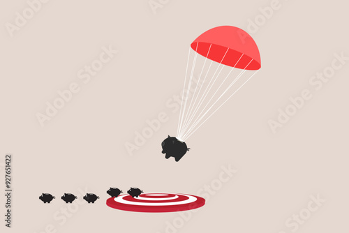 piggy bank with parachute landing on the target. concept of goal, opportunity and success