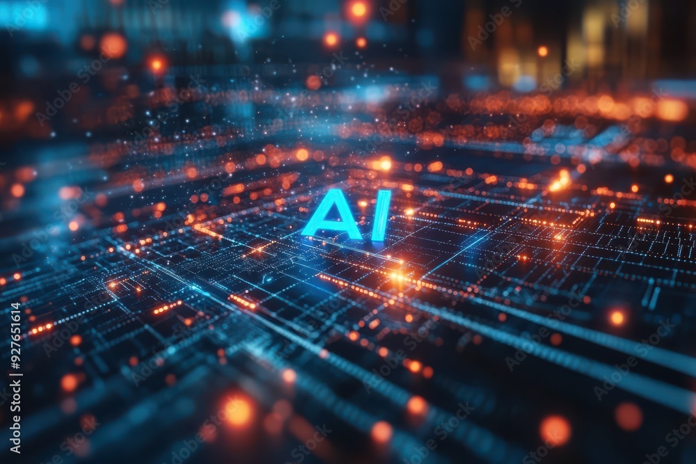 AI Technology Background with Digital Grid and Neon Lights AI Technology Background with Digital Grid and Neon Lights