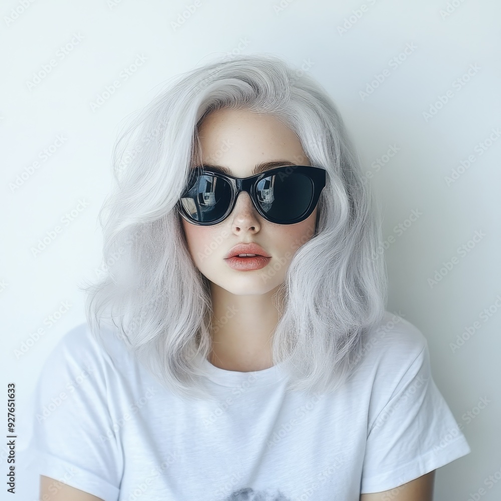Young woman with gray hair and sunglasses posing against a white wall Young woman with gray hair and sunglasses posing against a white wall