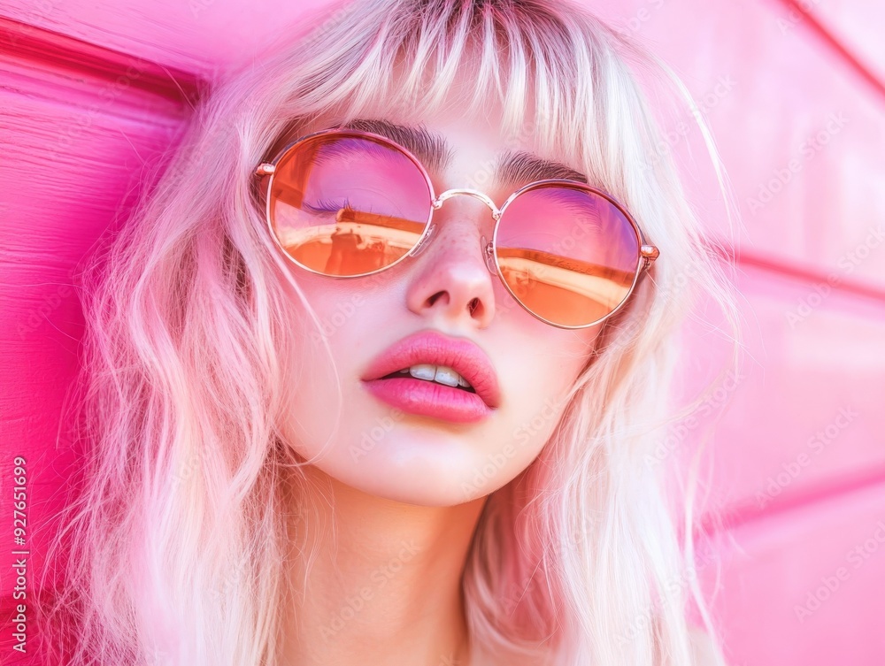 Young woman with sunglasses poses against a pink wall outdoors Young woman with sunglasses poses against a pink wall outdoors