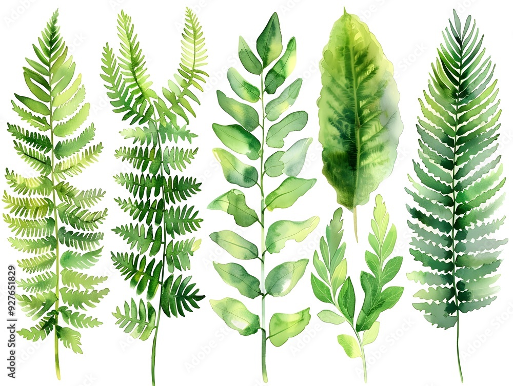 Elegant Watercolor Display of Delicate Fern Leaves on White Background Detailed Botanical Artwork Elegant Watercolor Display of Delicate Fern Leaves on White Background Detailed Botanical Artwork