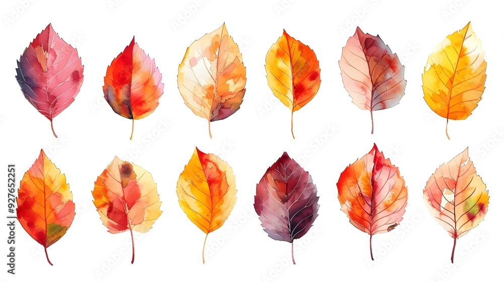 Obraz premium Vibrant Autumn Watercolor Leaf Collection on White Background
