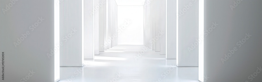 Fototapeta premium Bright white corridor with glowing lights and minimalistic design