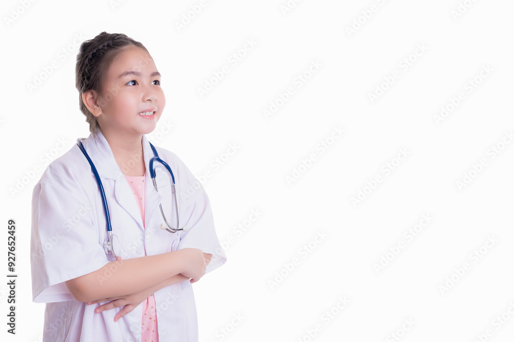 A young girl dressed as a doctor, wearing a white coat and a stethoscope, looks confidently to the side, symbolizing aspirations and dreams in the medical field. A young girl dressed as a doctor, wearing a white coat and a stethoscope, looks confidently to the side, symbolizing aspirations and dreams in the medical field.