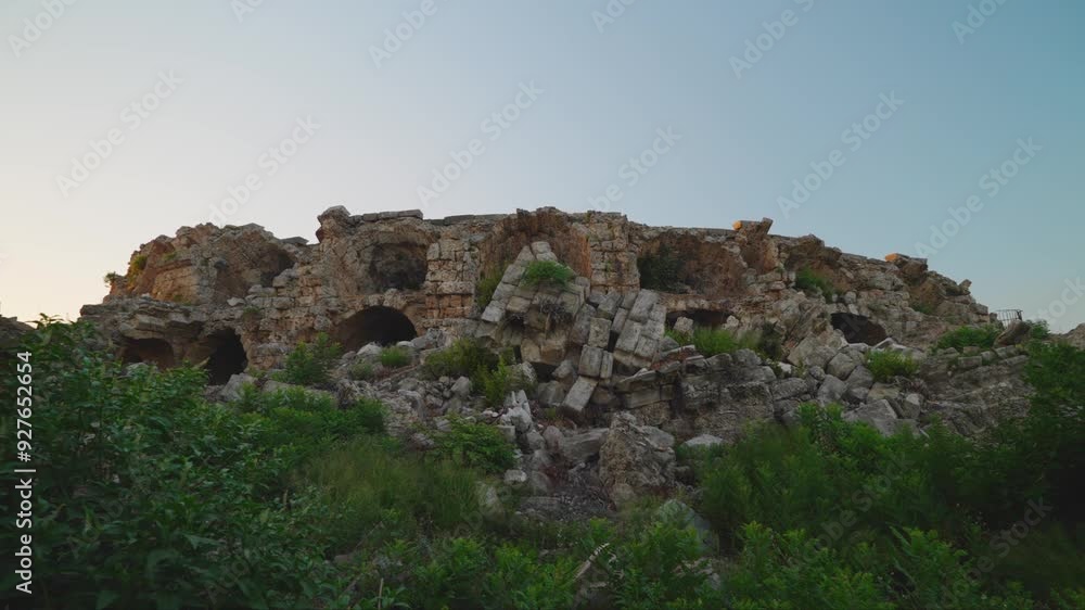 Ruins of the ancient city of Side. Ancient theater. View from the outside. Ruins of the ancient city of Side. Ancient theater. View from the outside.