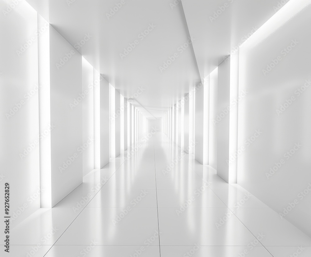 Fototapeta premium Bright white corridor with glowing lights in a minimalist design