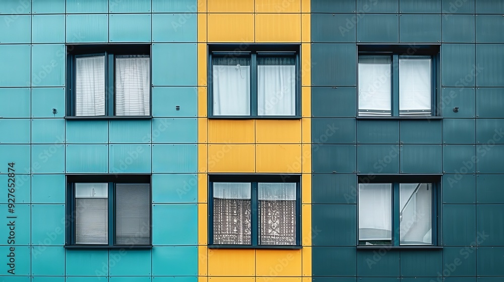 Geometric Facade Colorful Teal and Yellow Tiled Building with Modern Windows, Abstract Background Geometric Facade Colorful Teal and Yellow Tiled Building with Modern Windows, Abstract Background