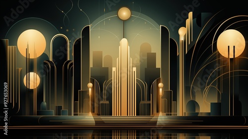 A futuristic art deco cityscape with golden geometric shapes, tall structures, and circular elements. The design features a blend of art deco and modern aesthetics.