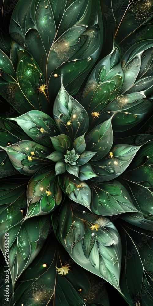 Fractal leaves displaying intricate green patterns in a dark setting Fractal leaves displaying intricate green patterns in a dark setting