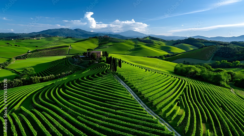 Fototapeta premium Rolling hills of Tuscany, cypress trees and vineyards, golden hour, 