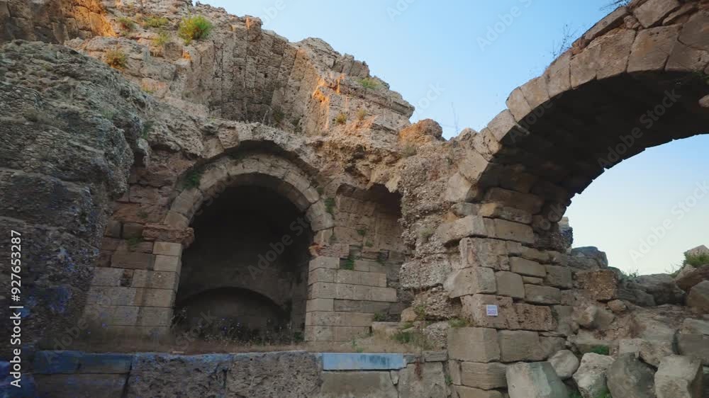 Ruins of the ancient city of Side. Ancient theater. View from the outside. Ruins of the ancient city of Side. Ancient theater. View from the outside.