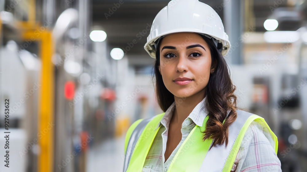 Latino Female Worker in a White Hard Hat and Reflective Vest Walks Through a Manufacturing Facility Latino Female Worker in a White Hard Hat and Reflective Vest Walks Through a Manufacturing Facility