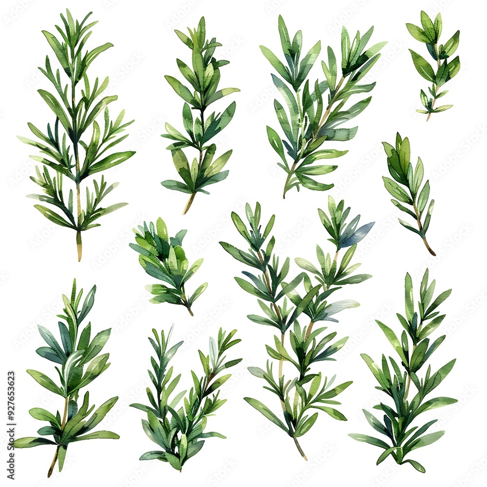 Fototapeta premium Beautiful Watercolor Rosemary and Thyme Sprigs with Detailed Leaves Against a Clean White Background for Culinary and Lifestyle Concept