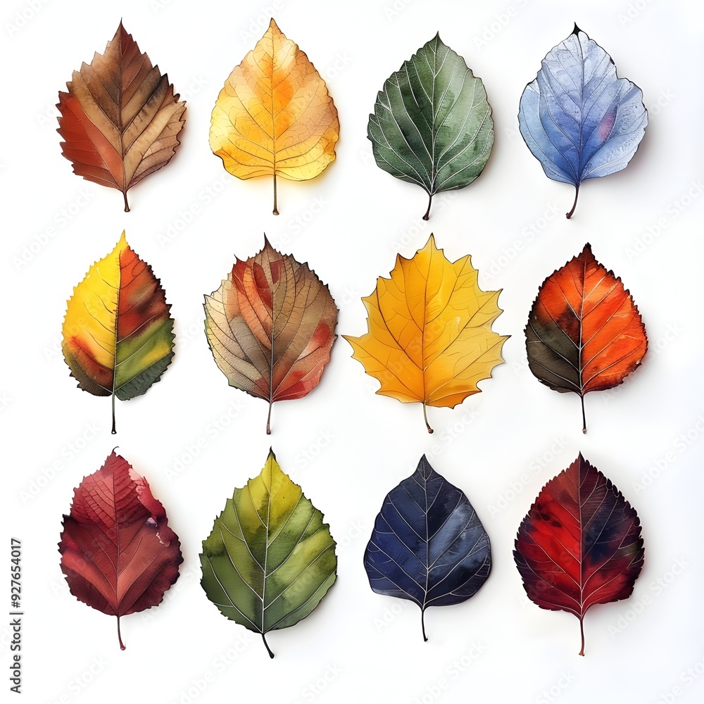 Obraz premium Vibrant Watercolor Autumn Leaf Assortment on White Background