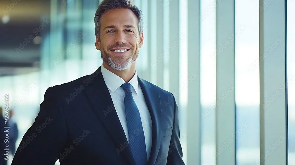 The man in the suit is smiling happily The man in the suit is smiling happily