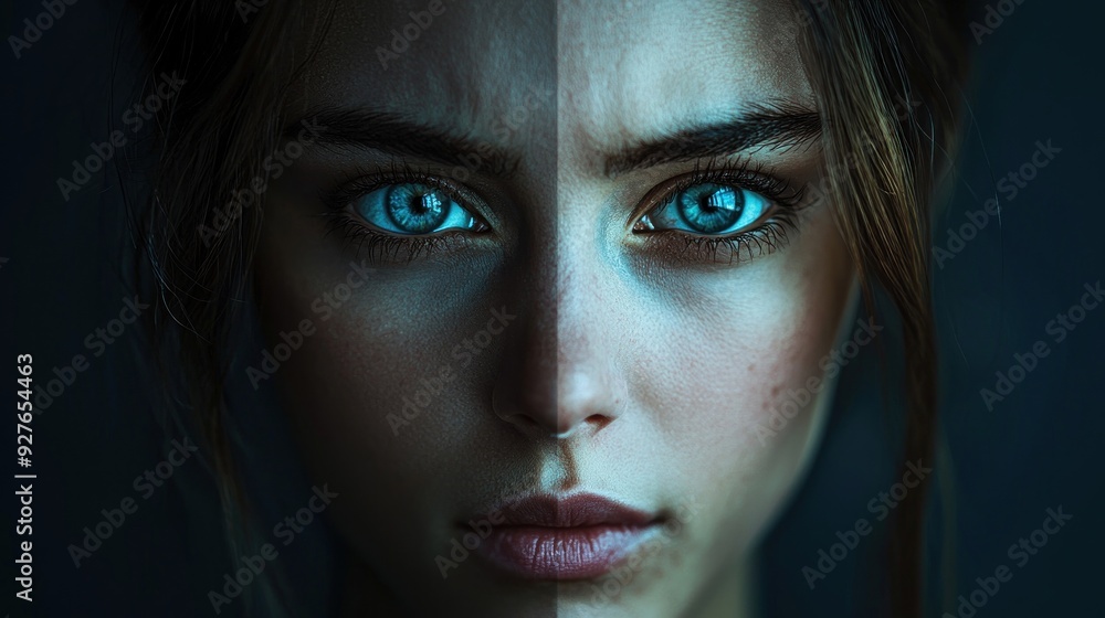 Conceptual photography portraying a person merging opposing emotions of happiness and sadness in a single image High resolution with intricate facial details reflecting both bright and dark moods Conceptual photography portraying a person merging opposing emotions of happiness and sadness in a single image High resolution with intricate facial details reflecting both bright and dark moods