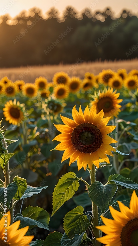 Fototapeta premium A golden field of sunflowers golden hour with rich yellow petals sun kissed greenery and a pastel colored sky warmth and tranquility of a late summer evening landscape 