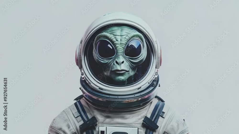 Аlien figure is seen in a high-tech spacesuit, which glows faintly against a dark, cosmic background. Аlien figure is seen in a high-tech spacesuit, which glows faintly against a dark, cosmic background.