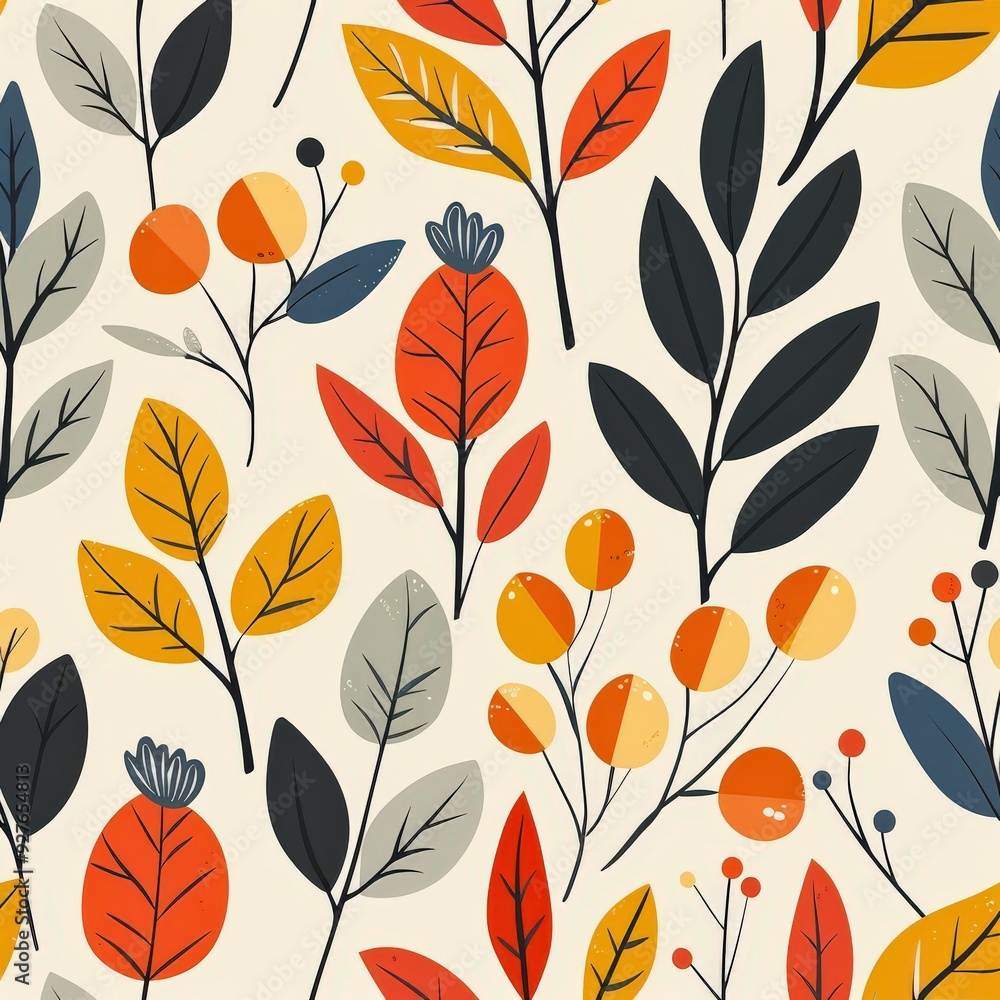Colorful autumn foliage pattern with diverse leaf shapes and fruits Colorful autumn foliage pattern with diverse leaf shapes and fruits