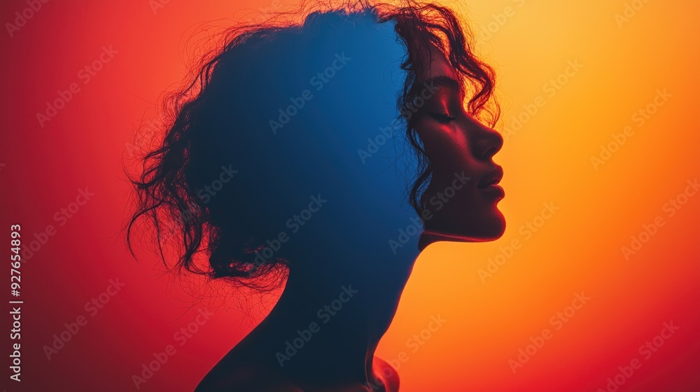 Artistic image of a person showing both happiness and sadness captured through color contrasts and lighting One side vibrant while the other fades into shadows to express emotional duality Ideal for Artistic image of a person showing both happiness and sadness captured through color contrasts and lighting One side vibrant while the other fades into shadows to express emotional duality Ideal for