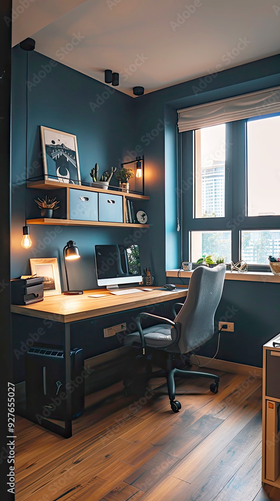 elegant home working space with wooden desk, desktop PC, chair, and dark blue wall - in vertical orientation elegant home working space with wooden desk, desktop PC, chair, and dark blue wall - in vertical orientation