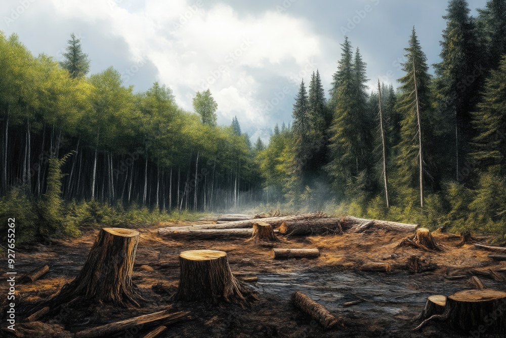 Fototapeta premium Desolate Forest Landscape Post-Logging, With Tree Remnants