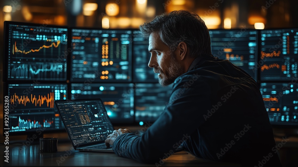 Focused professional working late in a dark office, analyzing financial data on multiple monitors with glowing graphs and charts, illustrating the intensity of high-tech financial analysis Focused professional working late in a dark office, analyzing financial data on multiple monitors with glowing graphs and charts, illustrating the intensity of high-tech financial analysis