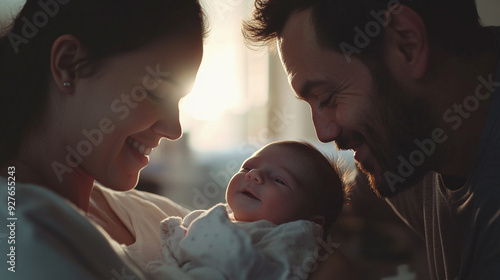 A newborn baby is born in a hospital and the mother and father look at the child with joy