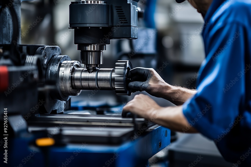Close-up of worker operating precision machine in factory, focus on hands and machinery, high-resolution. Close-up of worker operating precision machine in factory, focus on hands and machinery, high-resolution.